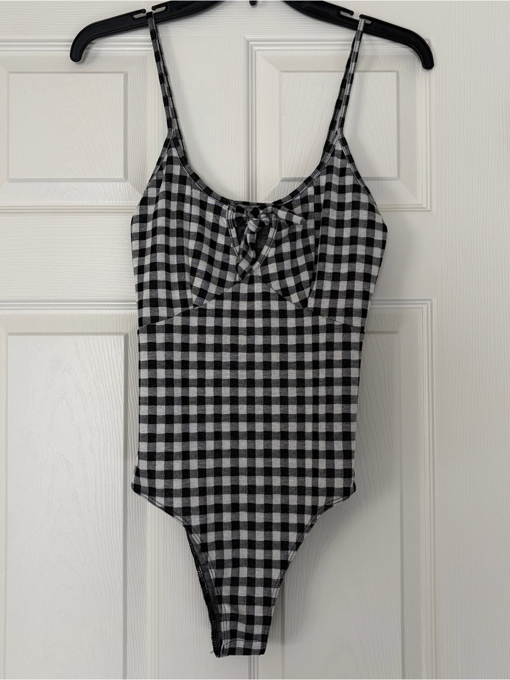 Charlotte Russe Black and White Gingham Tie-Front Tank Bodysuit